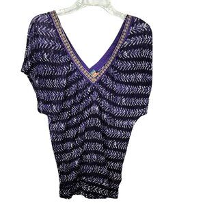 Festival Style! Vintage Free People Purple Print Top w/ Gold Embroidery Trim - M